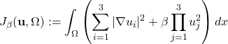Rendered by QuickLaTeX.com \displaystyle J_\beta(\mathbf{u},\Omega) := \int_\Omega \left( \sum_{i=1}^{3} |\nabla u_i|^2 + \beta \prod_{j=1}^{3} u_j^2 \right) dx