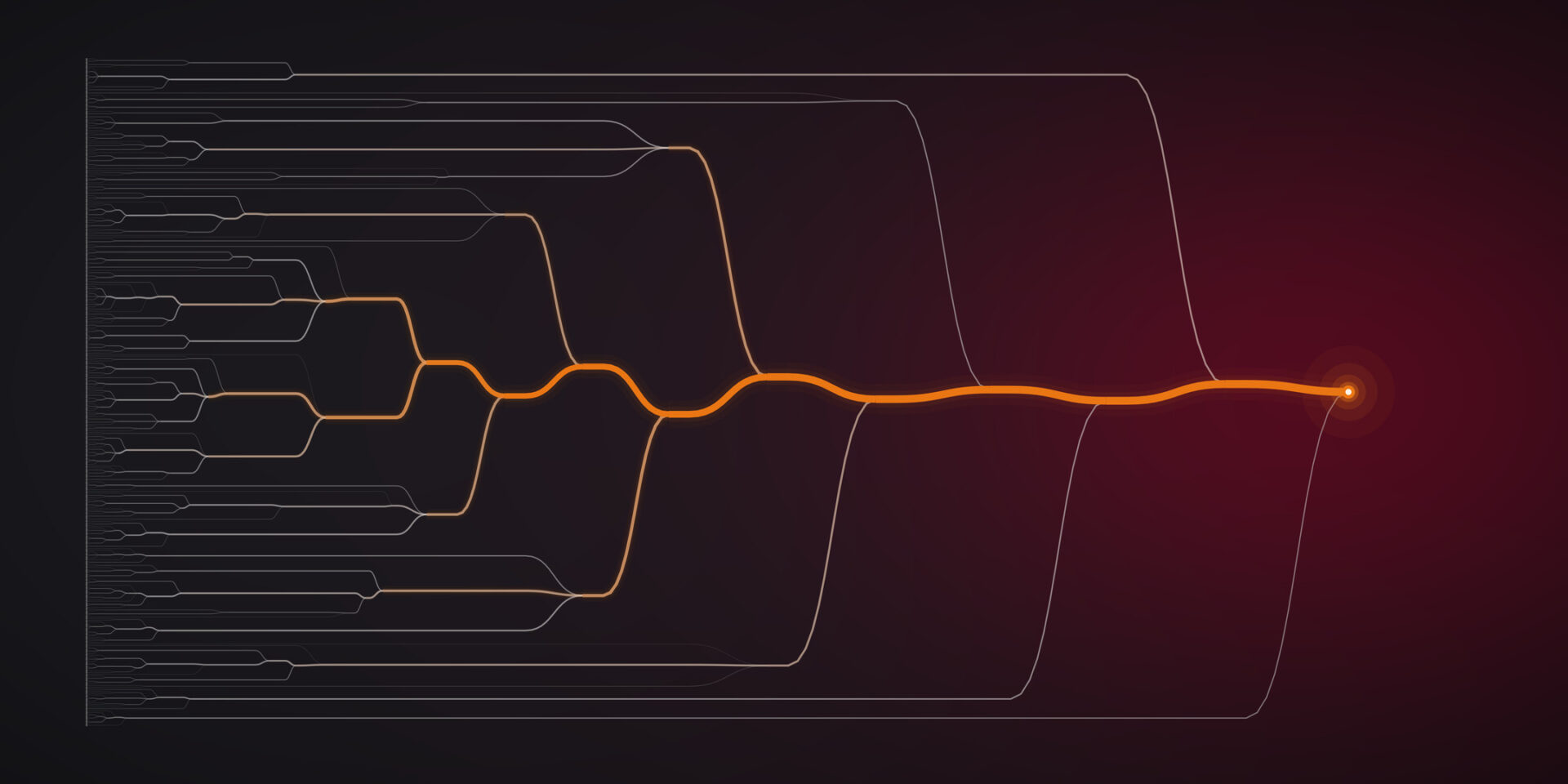 Hundreds of thin silver lines run from left to right, merging step by step into orange streams that converge on a single glowing point.