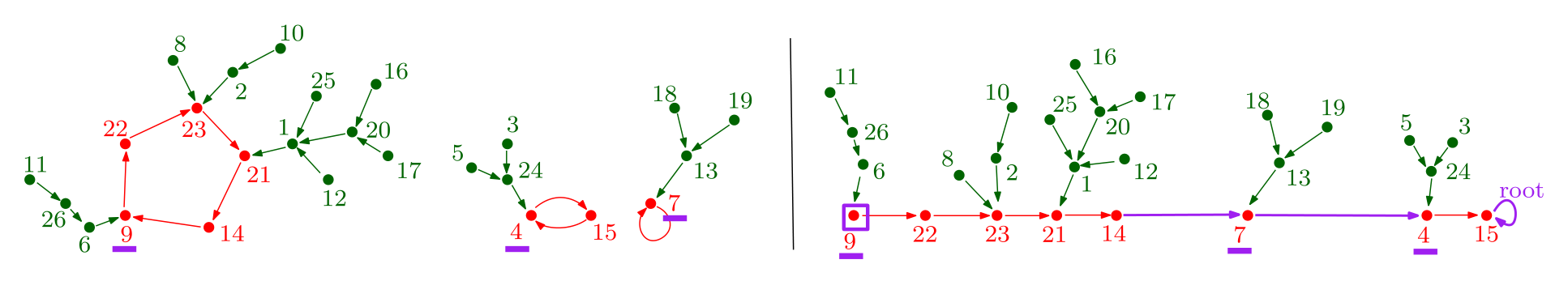 A function on 26 numbered states drawn as arrows, with the states on cycles in red and trees hanging off them, next to the single tree obtained from it by the Joyal bijection.