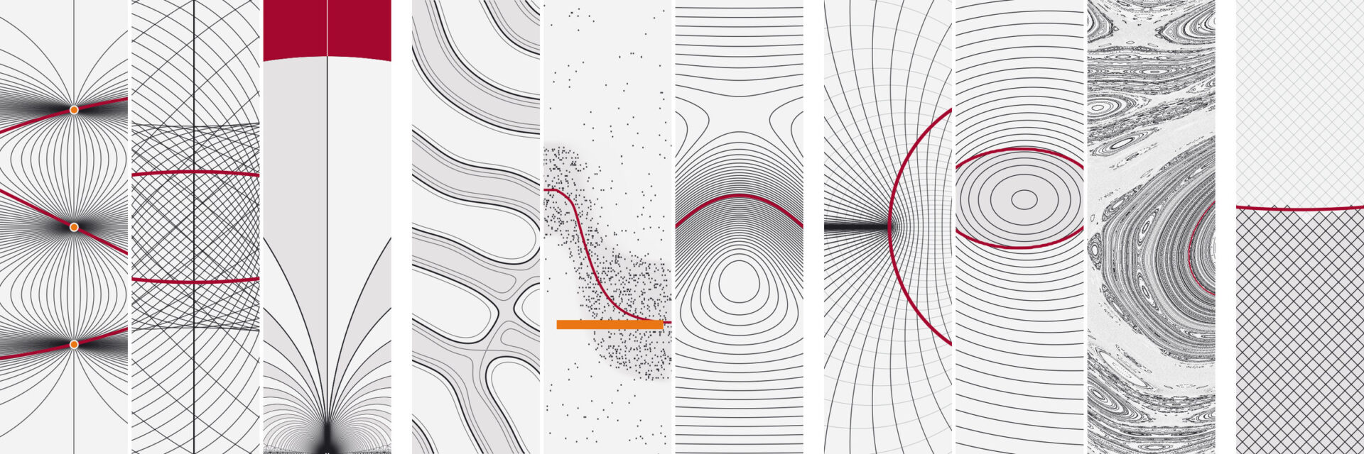 Ten narrow slices of the drawings that head each research group page