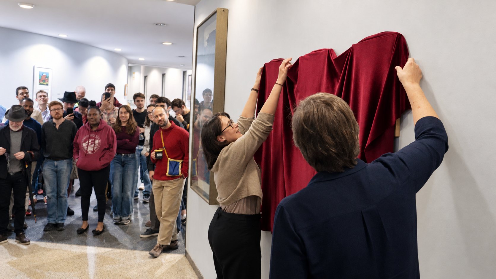 Two people pull a red velvet cloth off the framed portraits as the audience looks on.
